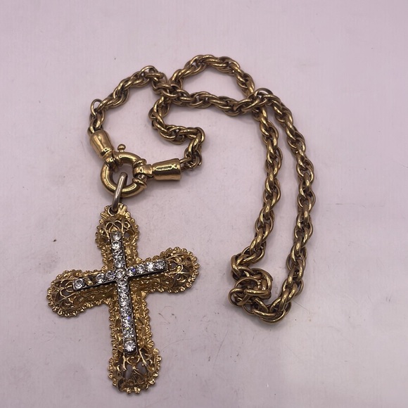 Vintage XL sping ring necklace 14 “ added Large Cross crystal encrusted Cross - Picture 3 of 9